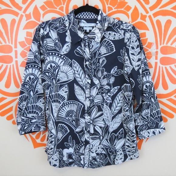 Foxcroft Tops - Foxcroft Polynesian Style Blue & White Blouse 10